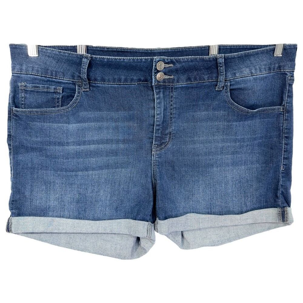 So Plus Size 20 Denim Shorts Midi Mid Rise Cuffed Stretch‎ Blue Denim 1499